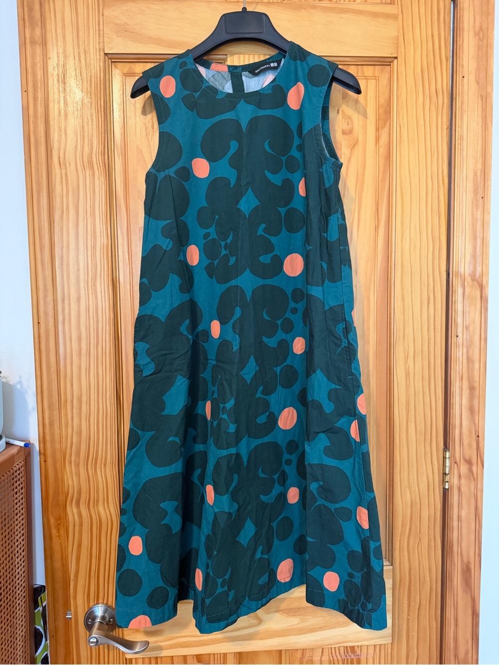 Marimekko Teal and Dark Green Midi Dress with Coral Dot Accents